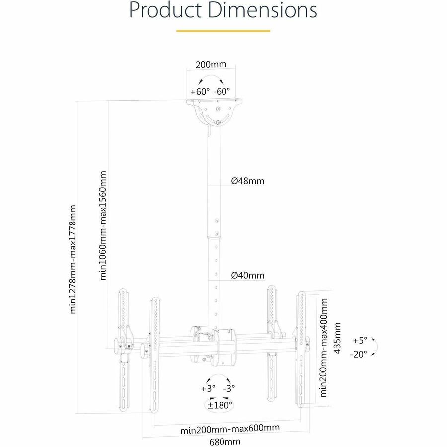 Startech.Com Dual Tv Ceiling Mount - Back-To-Back Heavy Duty Hanging Dual Screen Mount With