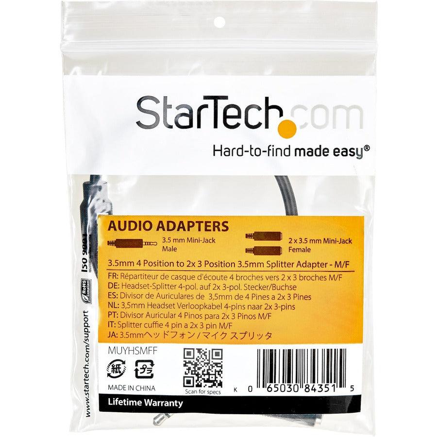 Startech.Com Headset Adapter For Headsets With Separate Headphone / Microphone Plugs - 3.5Mm 4 Position To 2X 3 Position 3.5Mm M/F