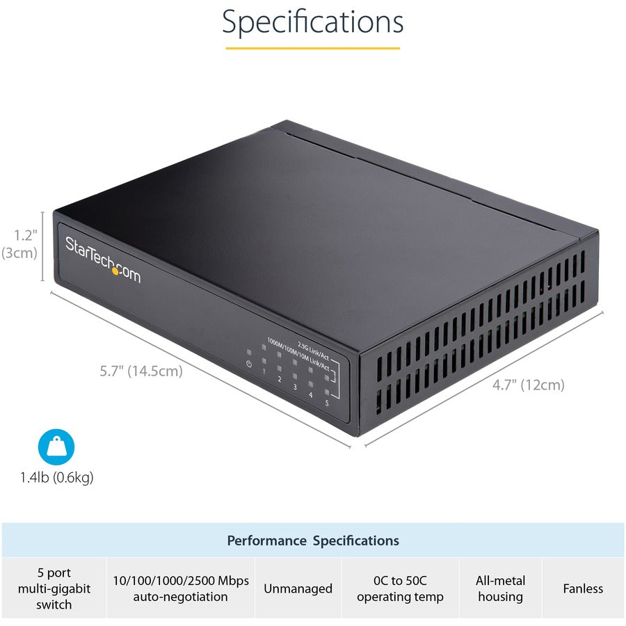 Startech.Com Unmanaged 2.5G Switch - 5 Port Gigabit Switch - 2.5Gbase-T Unmanaged Switch - Network