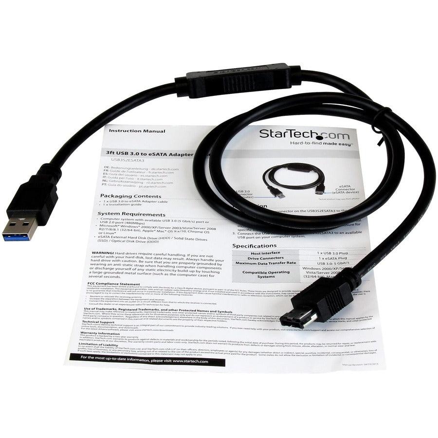 Startech.Com Usb 3.0 To Esata Hdd / Ssd / Odd Adapter Cable - 3Ft Esata Hard Drive To Usb 3.0 Adapter Cable - Sata 6 Gbps