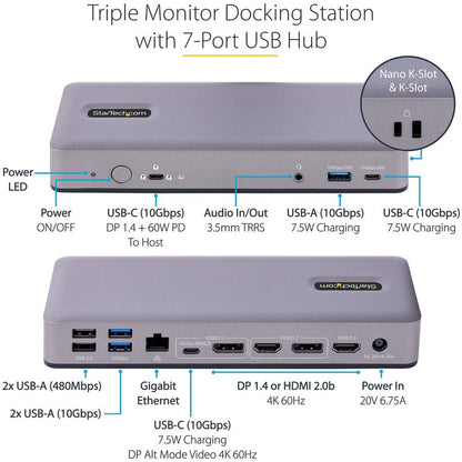Startech.Com Usb-C Docking Station, Hdmi/Dp/Dp Alt Mode Usb-C Dock, Triple/Dual 4K, 7X Usb Hub, 60W Pd, Gbe, Wwcb Certified