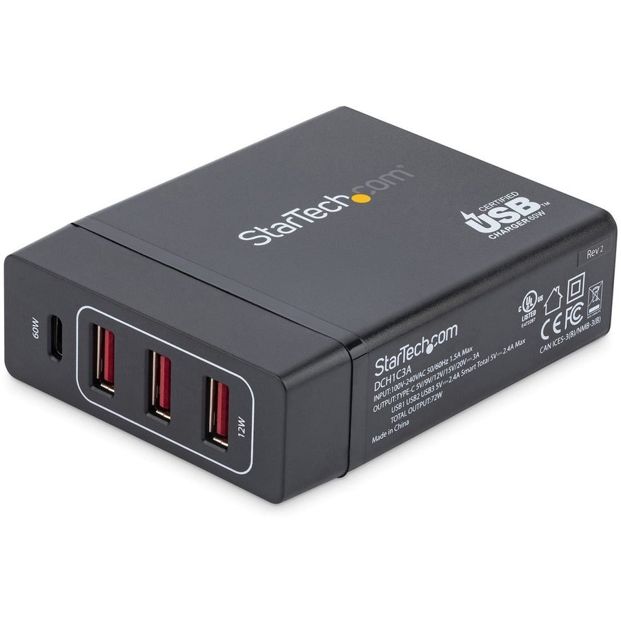 Startech.Com Usb C Laptop Charger - 60W Power Delivery, 3X Usb-A Fast Charge Ports - Universal