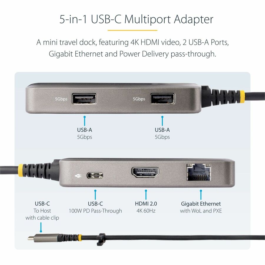 Startech.Com Usb-C Multiport Adapter, 4K60Hz Hdmi, Hdr, 2-Port 5Gbps Usb Hub, 100W Pd Pass-Through, Gbe, Works With Chromebook Certified
