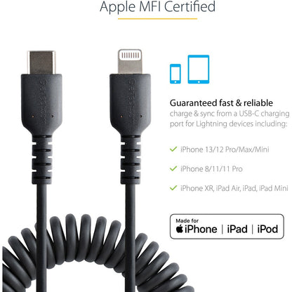 Startech.Com Usb C To Lightning Cable 20In / 50Cm, Mfi Certified, Coiled Iphone Charger Cable,