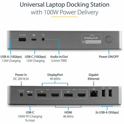 Startech.Com Usb-C & Usb-A Dock - Hybrid Universal Laptop Docking Station With 100W Power Delivery - Dual Monitor 4K 60Hz Hdmi & Displayport - 4X Usb 3.1 Gen 1 Hub, Gbe - Windows & Mac