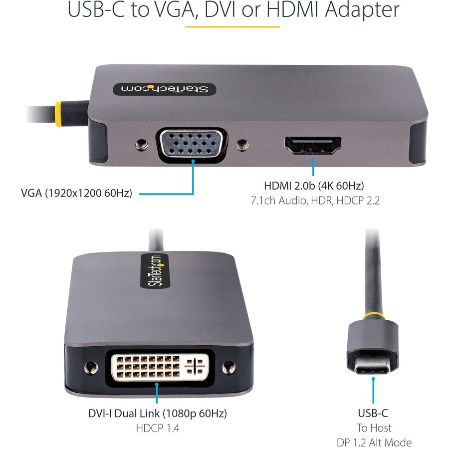 Startech.Com Usb C Video Adapter, Usb C To Hdmi Dvi Vga Adapter, 4K 60Hz, Aluminum, Video Display Adapter, Usb Type C Travel Adapter