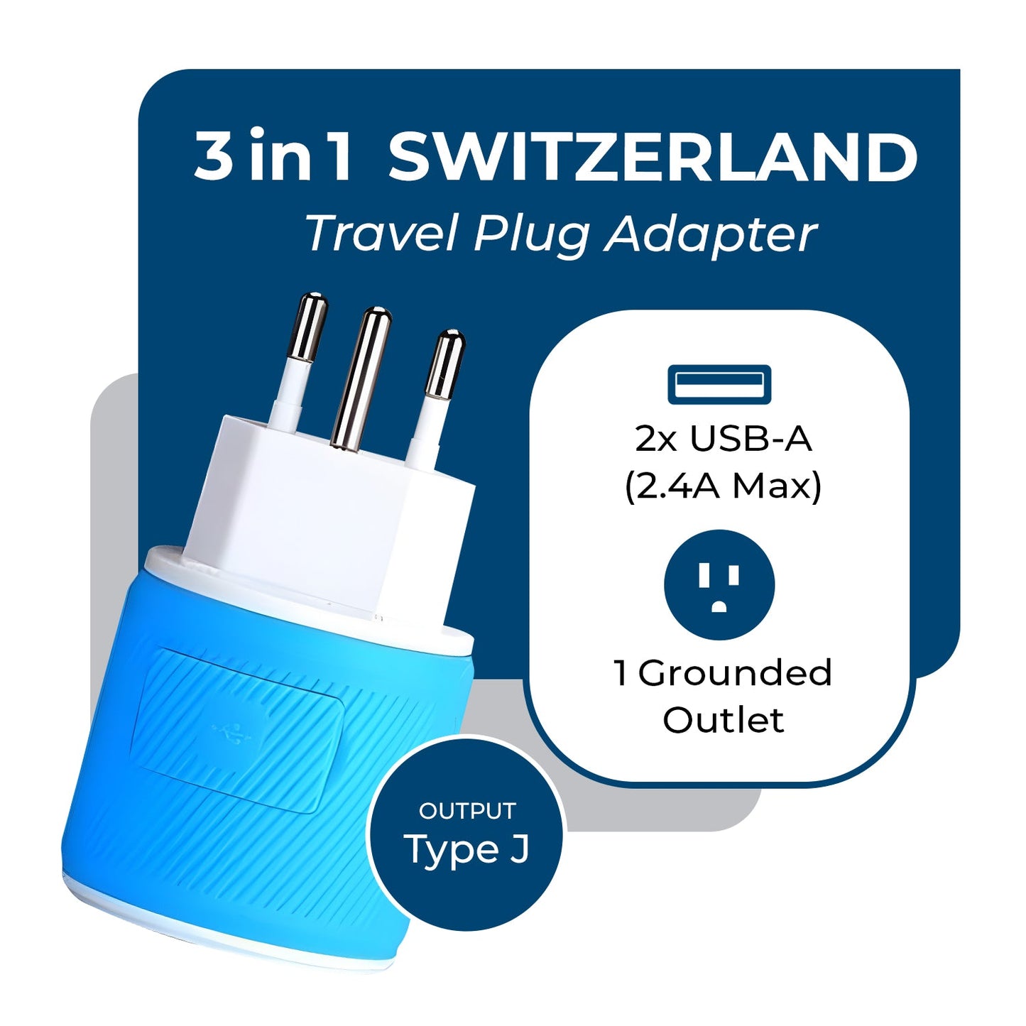 Switzerland Travel Adapter - 3 in 1 - 2 USB - Type J - Compact Design (U2U-11A)