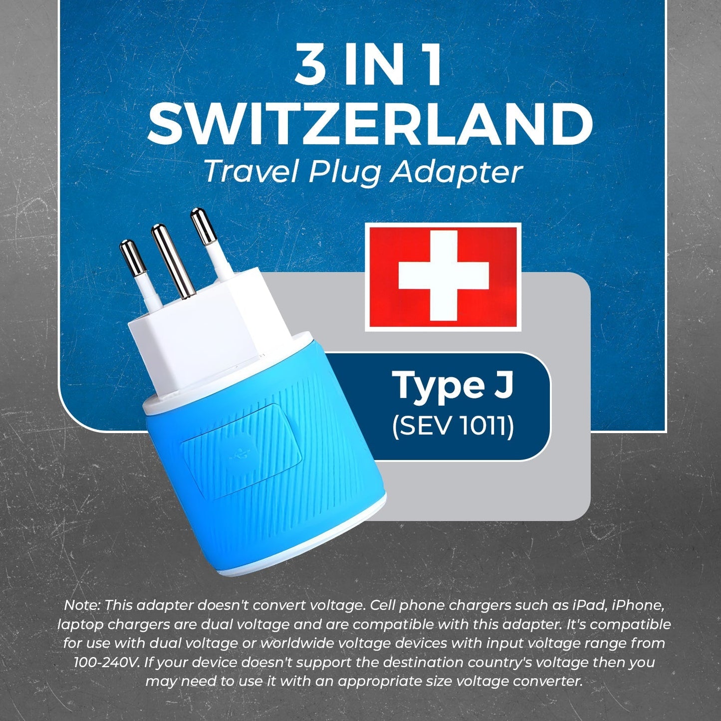 Switzerland Travel Adapter - 3 in 1 - 2 USB - Type J - Compact Design (U2U-11A)