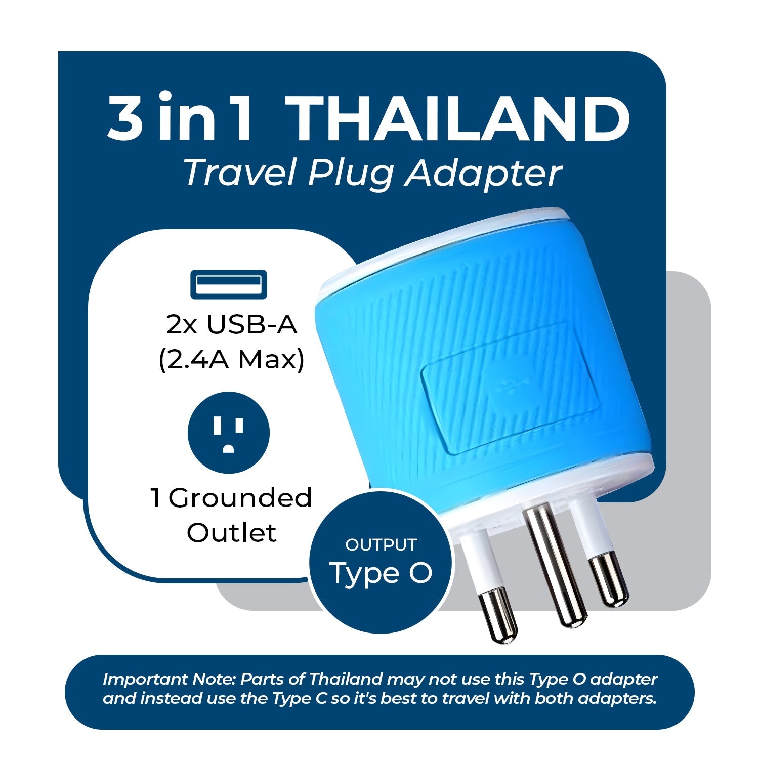 Thailand Travel Adapter - 3 in 1 - 2 USB - Type O - Compact Design (U2U-18)