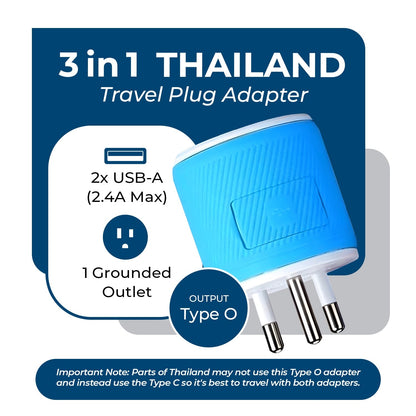 Thailand Travel Adapter - 3 in 1 - 2 USB - Type O - Compact Design (U2U-18)