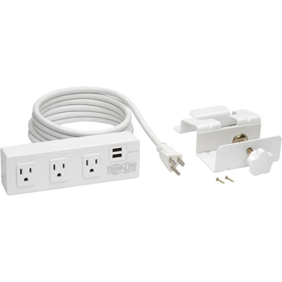 Tripp Lite 3-Outlet Surge Protector With 2 Usb Ports, 10 Ft. Cord – 510 Joules, Desk Clamp, White Housing