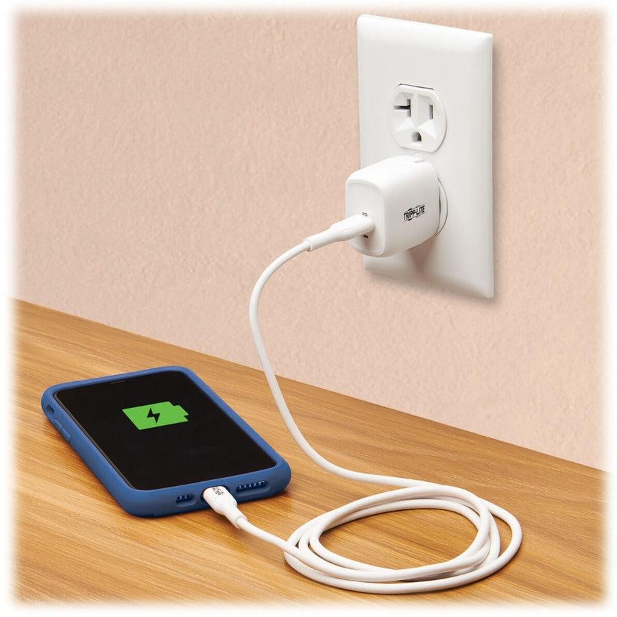 Tripp Lite Compact Usb-C Wall Charger - 18W Pd Charging, Gan Technology, Usb-C To Lightning Cable, White