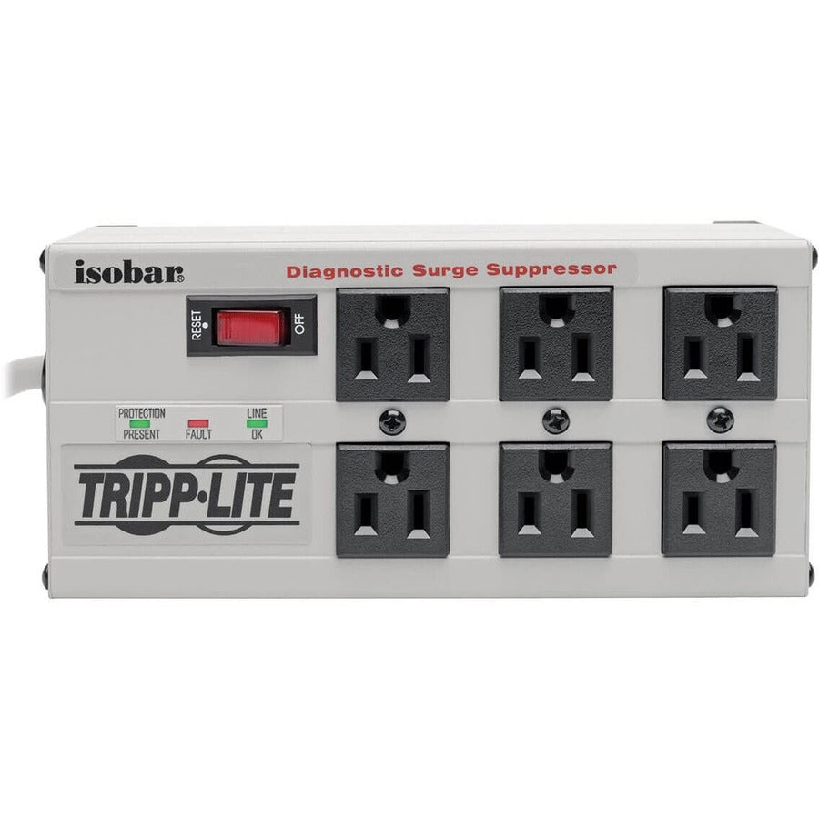 Tripp Lite Isobar 6-Outlet Surge Protector, 6 Ft. Cord With Right-Angle Plug, 3300 Joules, Diagnostic Leds, Metal Housing