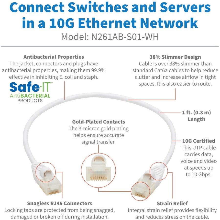 Tripp Lite N261Ab-S01-Wh Safe-It Cat6A 10G-Certified Snagless Antibacterial Slim Utp Ethernet Cable (Rj45 M/M), White, 1 Ft.