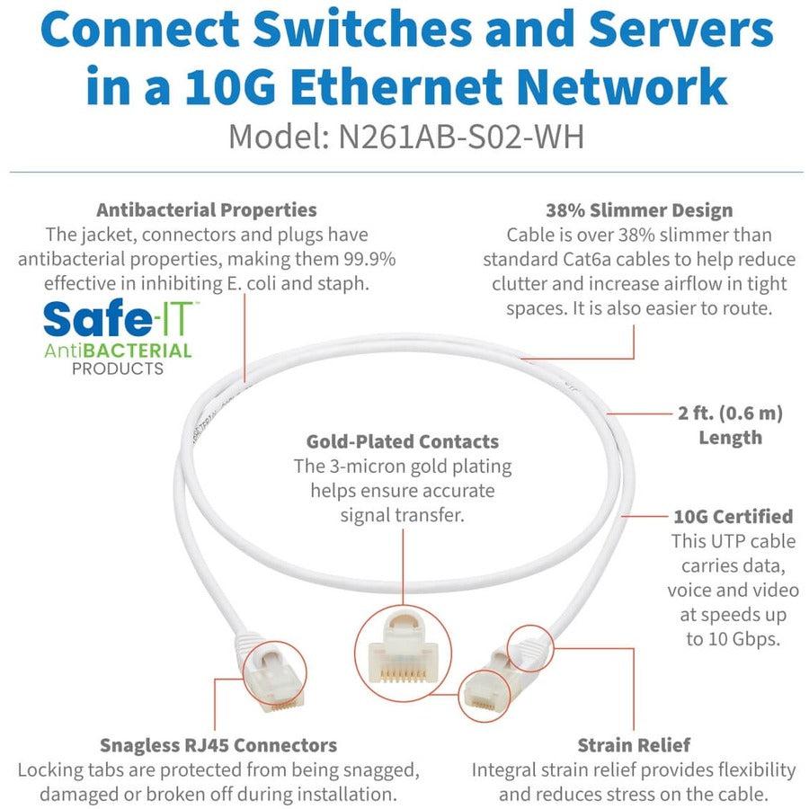 Tripp Lite N261Ab-S02-Wh Safe-It Cat6A 10G-Certified Snagless Antibacterial Slim Utp Ethernet Cable (Rj45 M/M), White, 2 Ft.