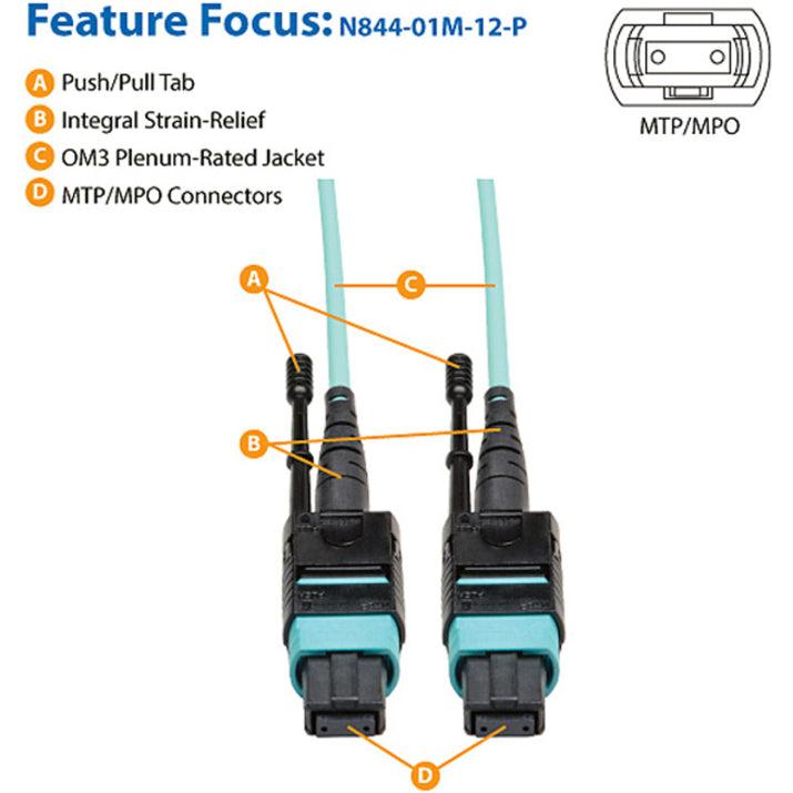 Tripp Lite N844-01M-12-P Mtp/Mpo Patch Cable With Push/Pull Tabs, 12 Fiber, 40Gbe, 40Gbase-Sr4, Om3 Plenum-Rated - Aqua, 1M (3 Ft.)