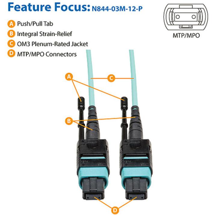 Tripp Lite N844-03M-12-P Mtp/Mpo Patch Cable With Push/Pull Tabs, 12 Fiber, 40Gbe, 40Gbase-Sr4, Om3 Plenum-Rated - Aqua, 3M (10 Ft.)