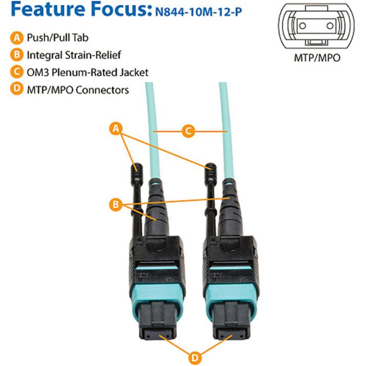 Tripp Lite N844-10M-12-P Mtp/Mpo Patch Cable With Push/Pull Tabs, 12 Fiber, 40Gbe, 40Gbase-Sr4, Om3 Plenum-Rated - Aqua, 10M (33 Ft.)