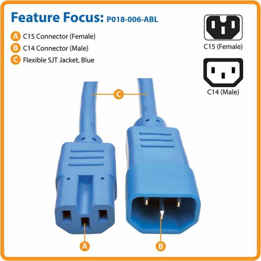 Tripp Lite P018-006-Abl Power Cord C14 To C15 - Heavy-Duty, 15A, 250V, 14 Awg, 6 Ft. (1.83 M), Blue