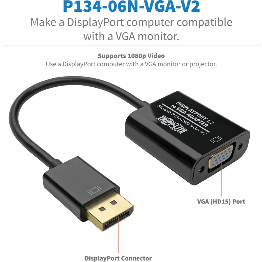 Tripp Lite P134-06N-Vga-V2 Displayport To Vga Active Adapter Video Converter , Dp Ver 1.2 (M/F), 6-In. (15.24 Cm)