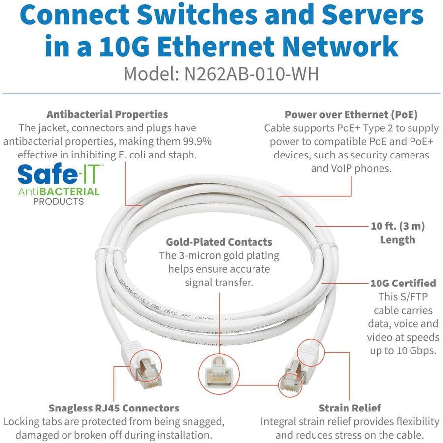 Tripp Lite Safe-It Cat6A Ethernet Cable Antibacterial Snagless Poe M/M 10Ft