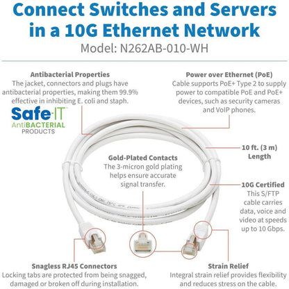 Tripp Lite Safe-It Cat6A Ethernet Cable Antibacterial Snagless Poe M/M 10Ft