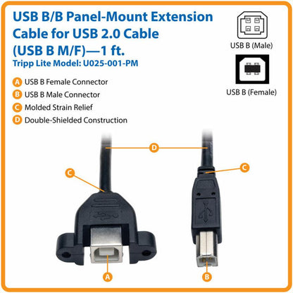 Tripp Lite Usb 2.0 Hi-Speed Panel Mount Extension Cable (B To Panel Mount B M/F), 0.31 M (1-Ft.)