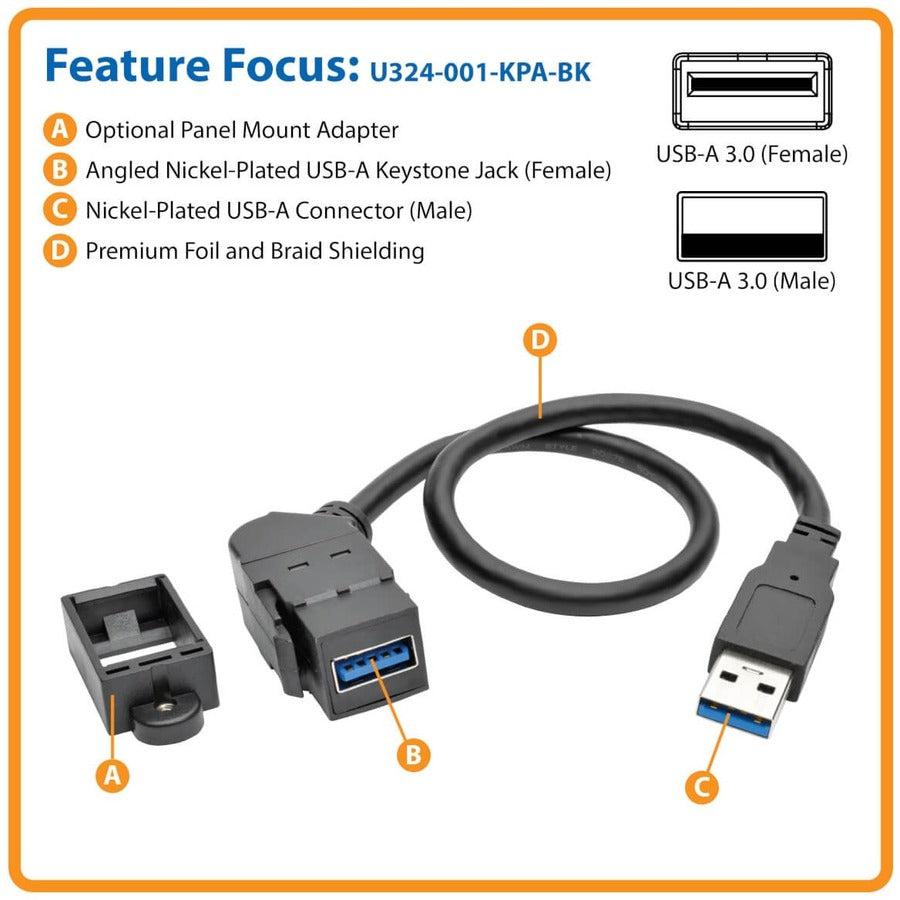 Tripp Lite Usb 3.0 All-In-One Keystone/Panel Mount Extension Cable (M/F), Angled Connector, Black, 0.31 M