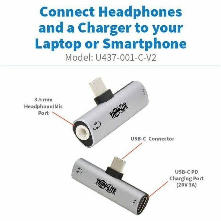 Tripp Lite Usb-C To 3.5 Mm Headphone Jack Adapter For Hi-Res Stereo Audio - Pd 3.0 And Qc 2.0 Charging, Silver
