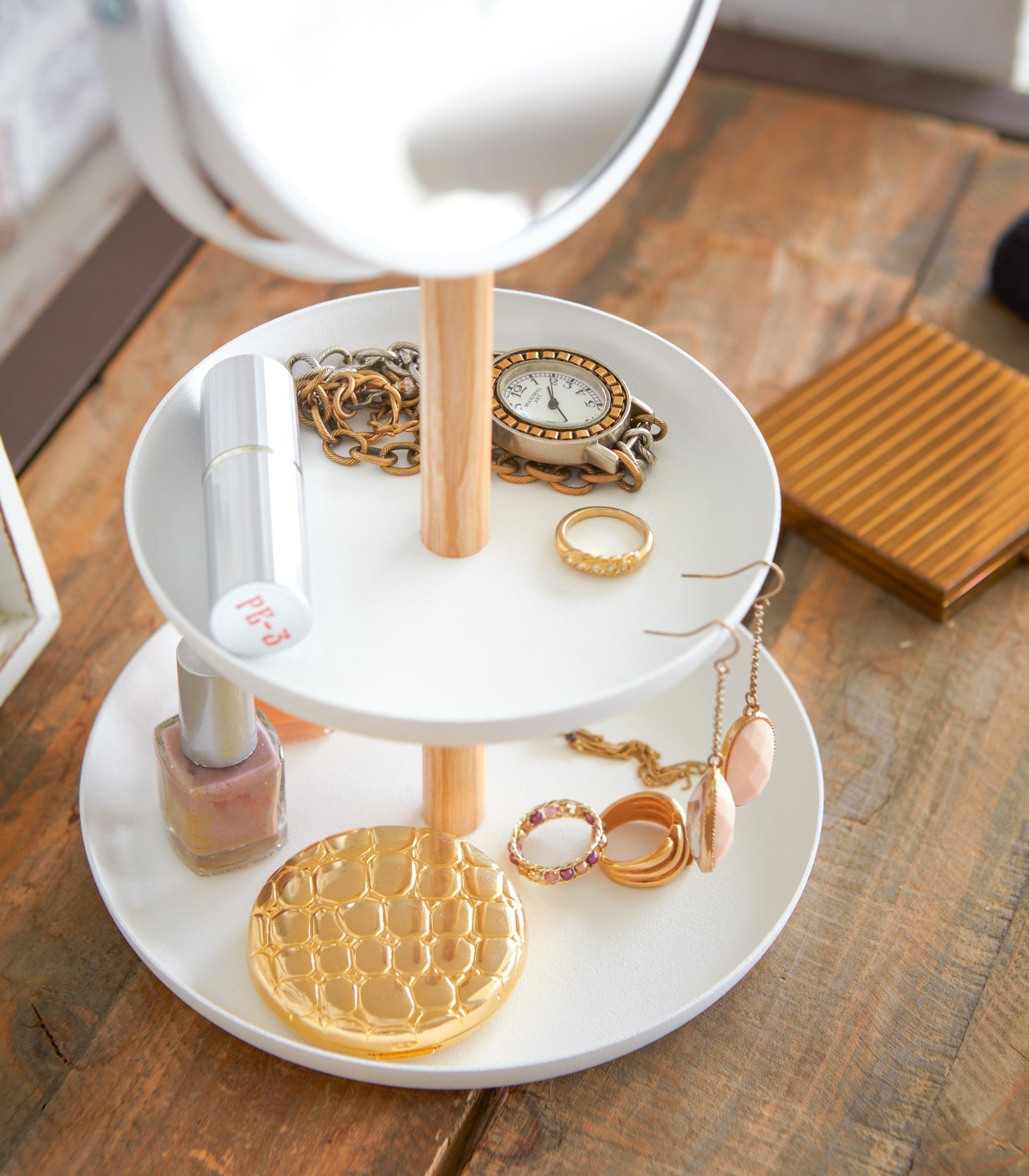 Two-Tier Jewelry Tray With Mirror - Steel + Wood