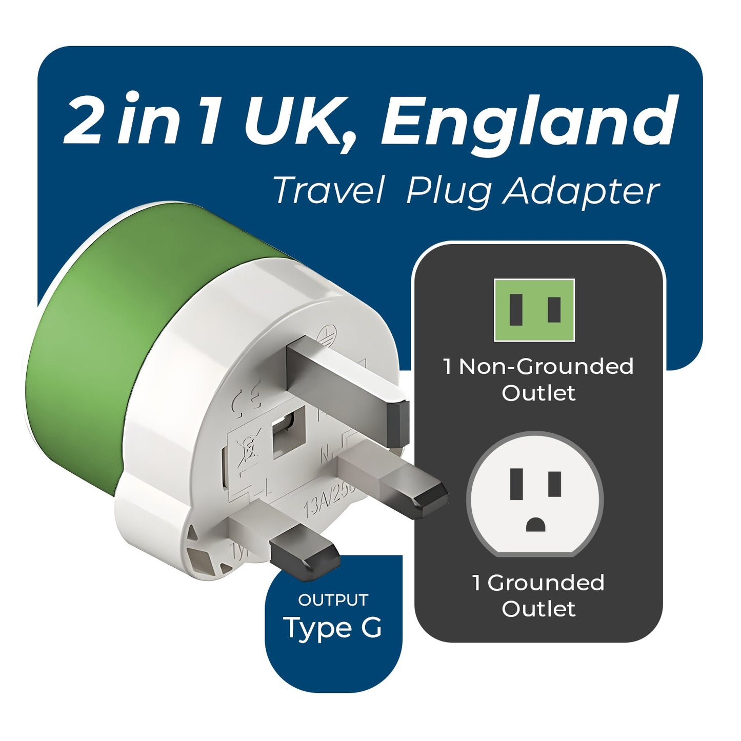 UK, Dubai Travel Adapter - 2 in 1 - Type G - Compact Design (US-7)