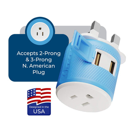 UK, Ireland Travel Adapter - 3 in 1 - 2 USB - Type G - Compact Design (U2U-7)