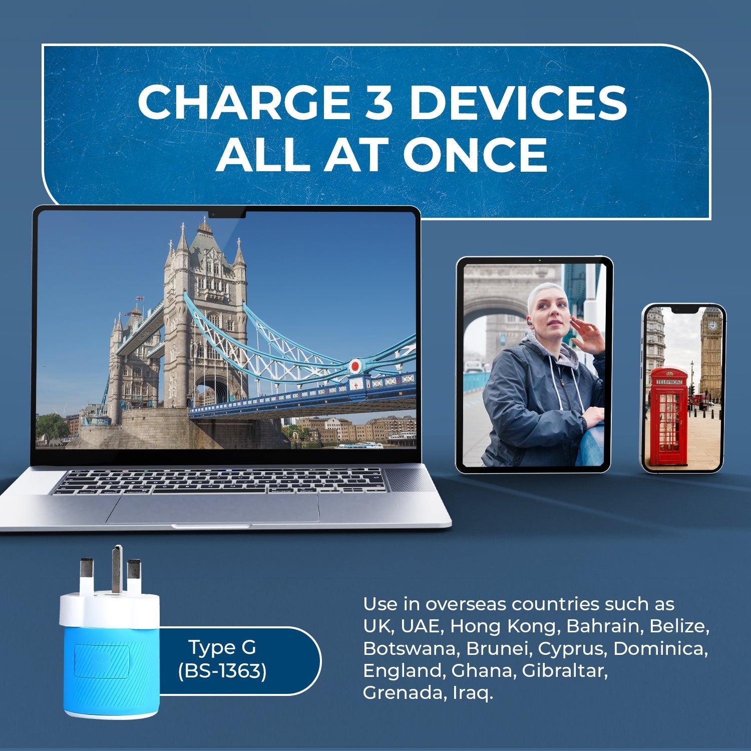 UK, Ireland Travel Adapter - 3 in 1 - 2 USB - Type G - Compact Design (U2U-7)