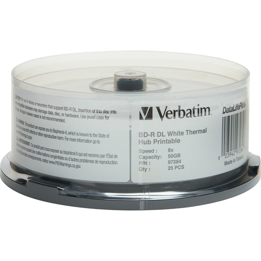 Verbatim Bd-R Dl 50Gb 8X, White Label, Datalife+, White Thermal Hub Printable, Hard Coat, 25Pk Spindle