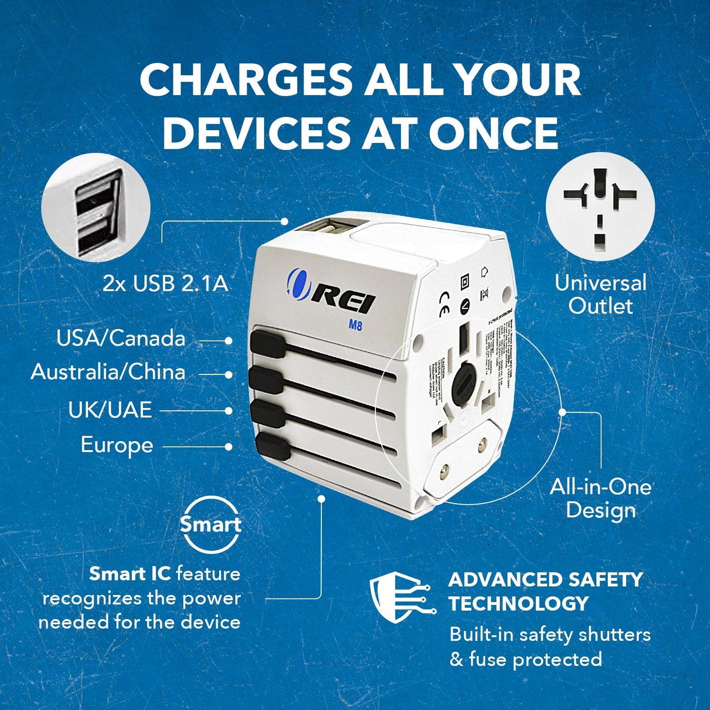 World Travel Adapter Plug International- All in One- 2 USB- Compact Design (M8_White)