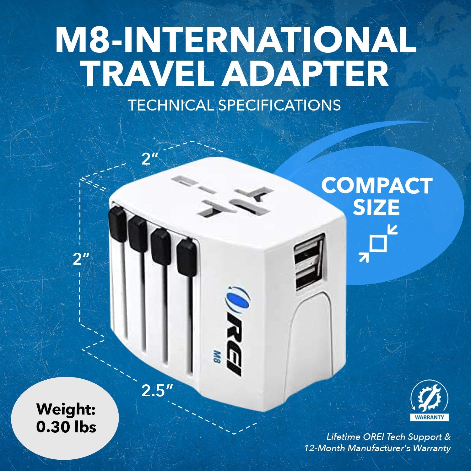 World Travel Adapter Plug International- All in One- 2 USB- Compact Design (M8_White)