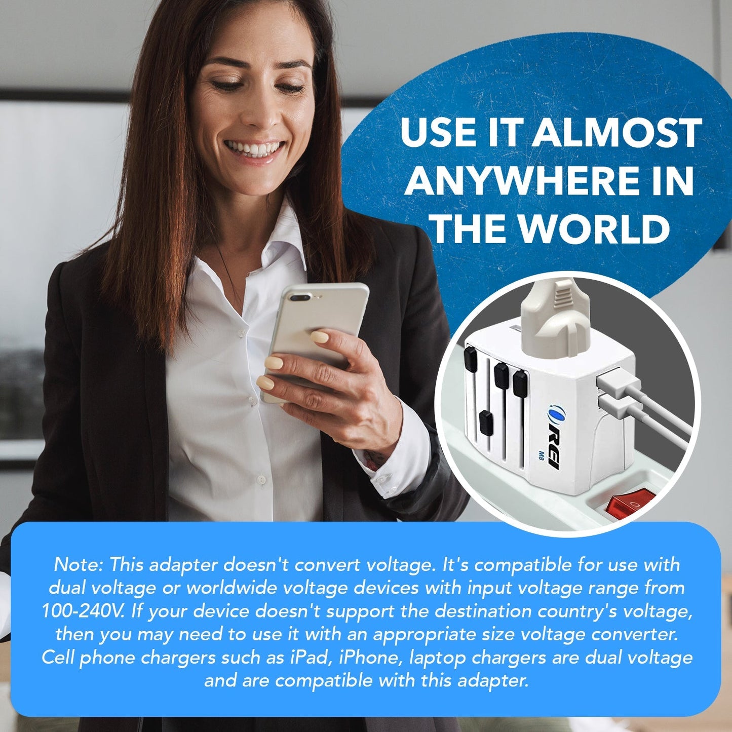 World Travel Adapter Plug International- All in One- 2 USB- Compact Design (M8_White)