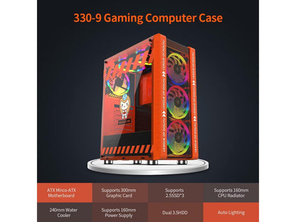 330-9 Gaming Computer Case Host Supports Atx Microe Atx Motherboard 240Mm Water Cooler Game Chassis Case Rgb Orange