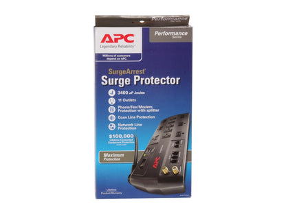 Apc P11Vnt3 Performance Surgearrest 11-Outlet/ 3020 Joules 120V Surge Protector, W/ Phone (Splitter) & Coax & Ethernet Protection