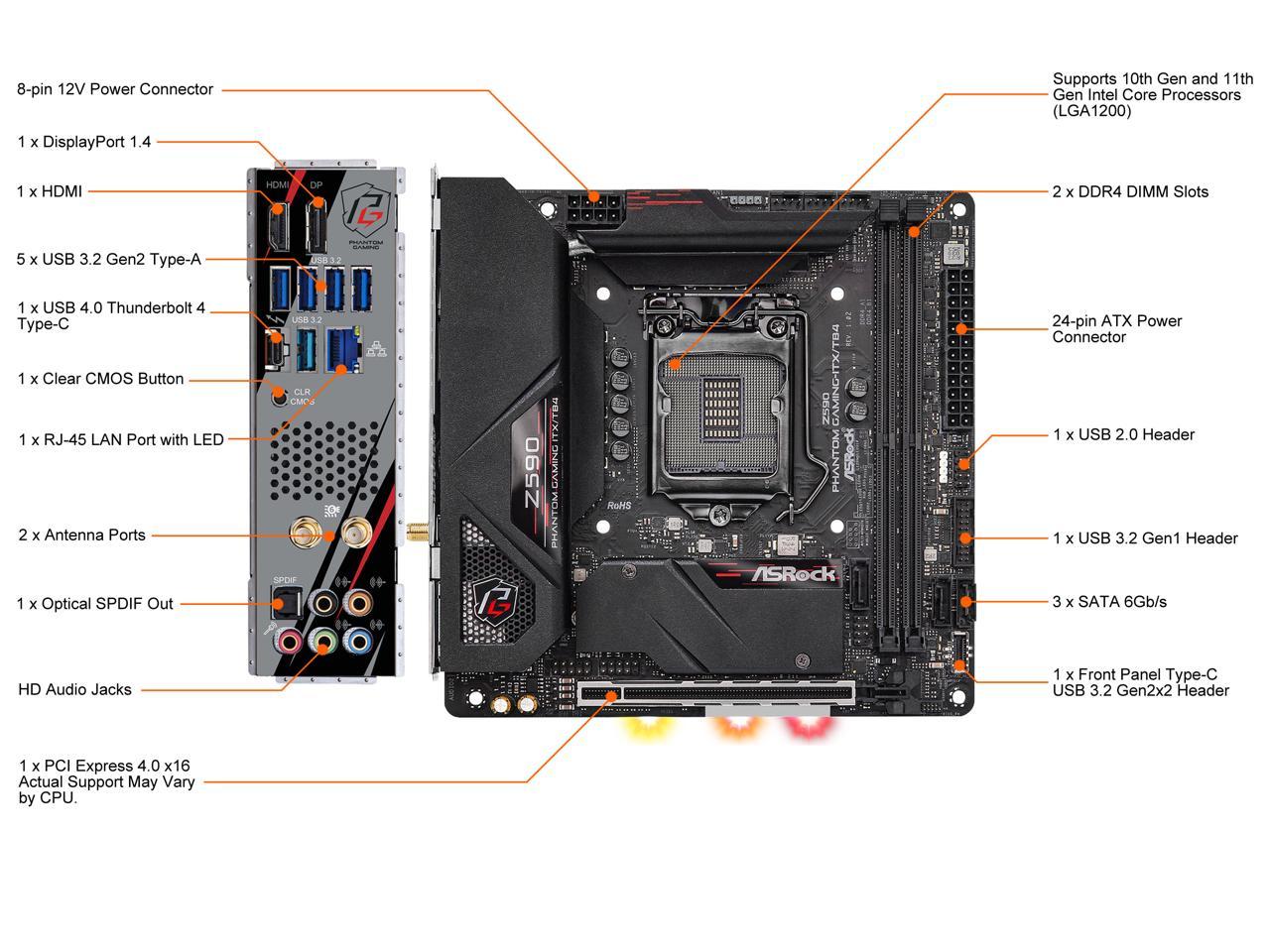 Asrock Z590 Phantom Gaming-Itx/Tb4 Lga 1200 Intel Z590 Sata 6Gb/S Mini Itx  Intel Motherboard