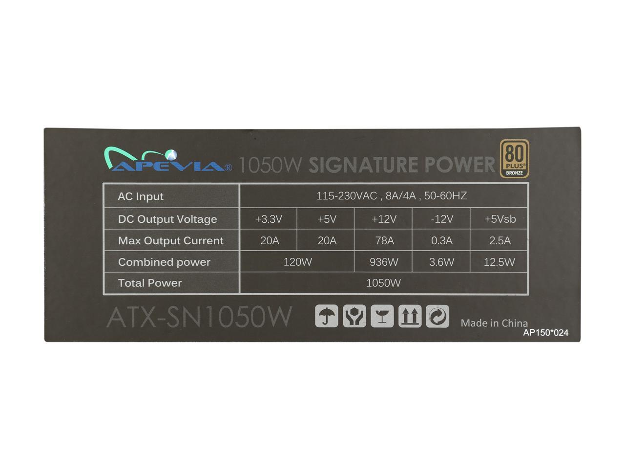 Apevia Signature Atx-Sn1050W 1050W 80 Plus Bronze Atx12V V2.3 Power Supply