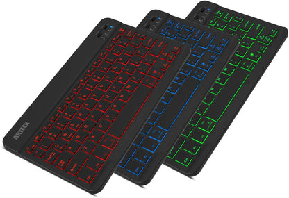 Arteck Universal Slim Portable Wireless Bluetooth 3.0 7-Colors Backlit Keyboard With Built In Rechargeable Battery
