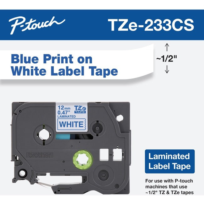 Brother Tze-233Cs, 0.47" X 26.2', Blue On White Laminated Label Tape