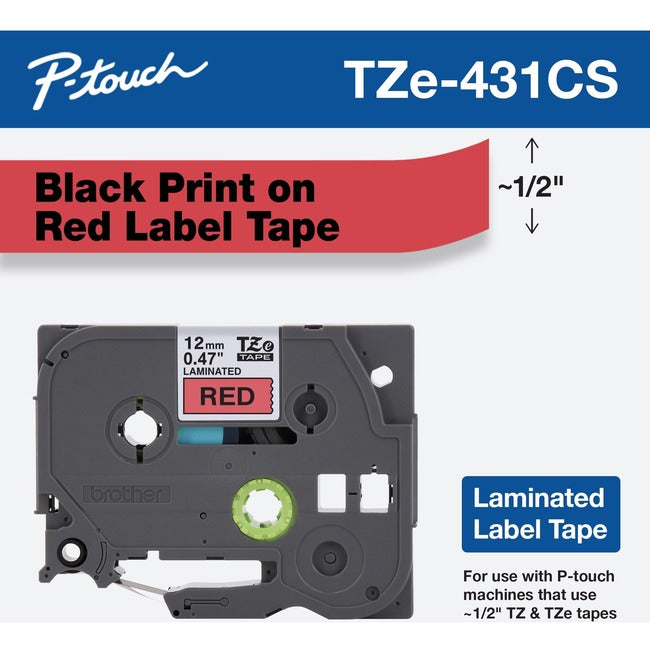 Brother Tze-431Cs, 0.47" X 26.2', Black On Red Laminated Label Tape