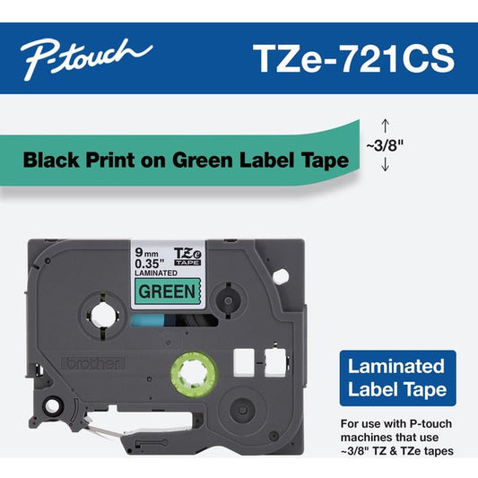 Brother Tze-721Cs, 0.35" X 26.2', Black On Green Laminated Label Tape