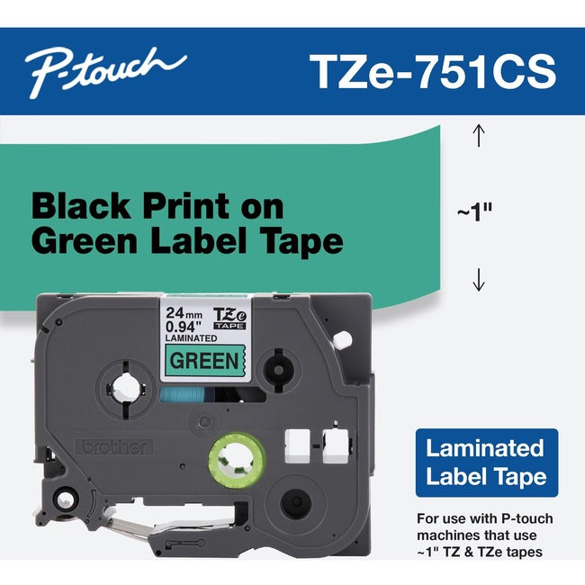 Brother Tze-751Cs, 0.94" X 26.2', Black On Green Laminated Label Tape