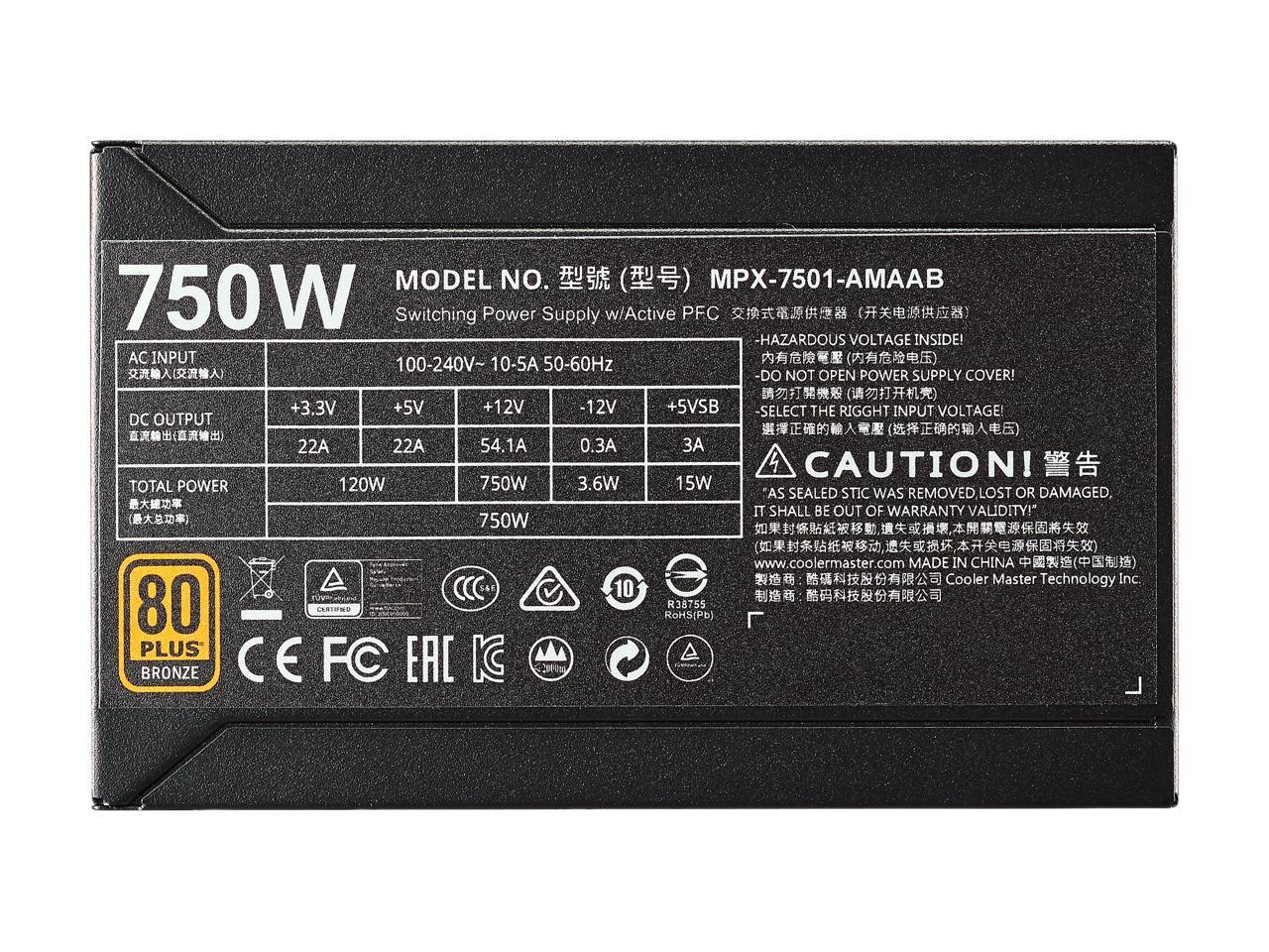 Cooler Master Masterwatt Mpx-7501-Amaab-Us 750W 80 Plus Bronze Atx 12V V2.4 Power Supply