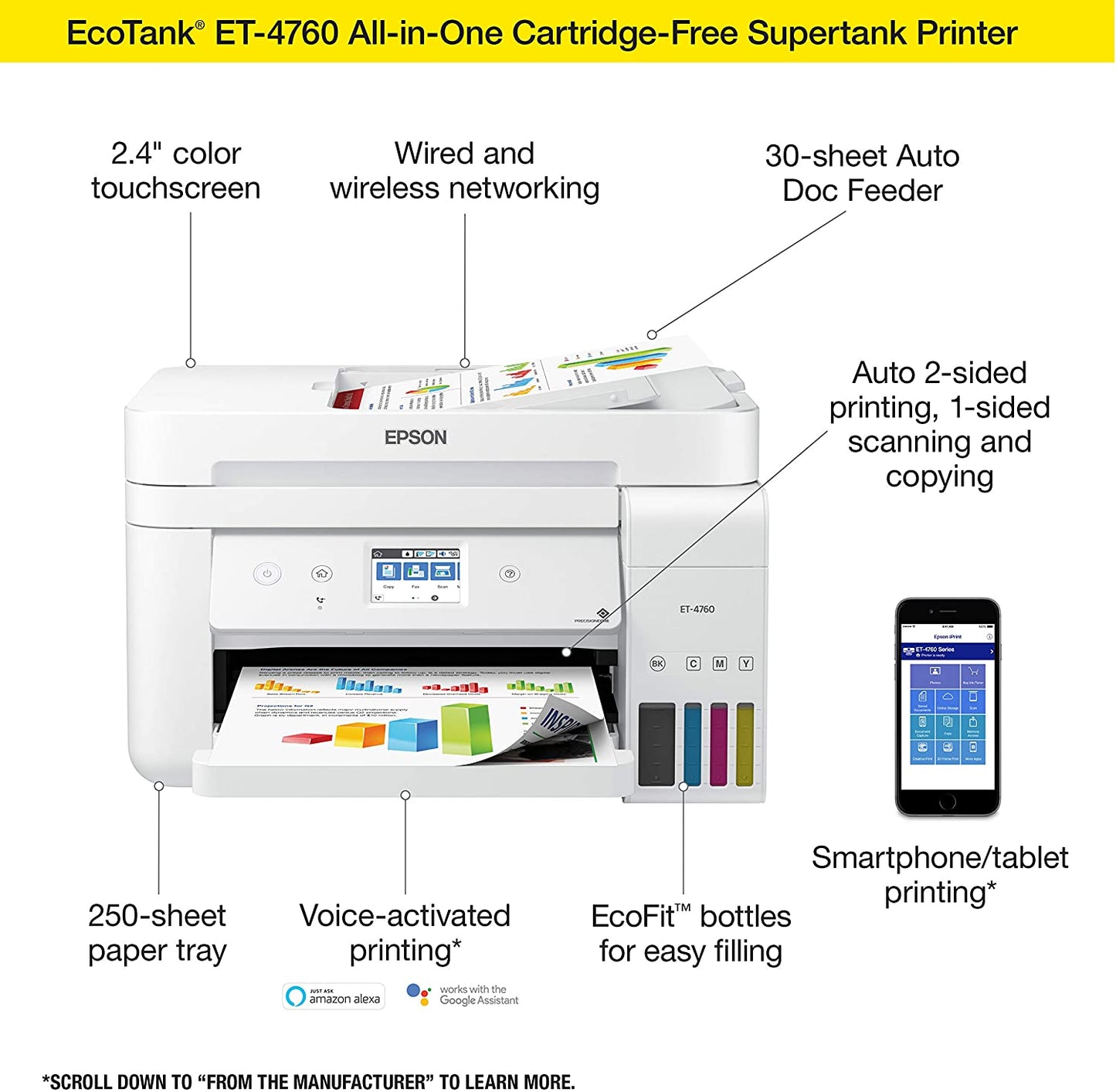 Epson Ecotank Et-4760 Wireless Color All-In-One Cartridge-Free Supertank Printer