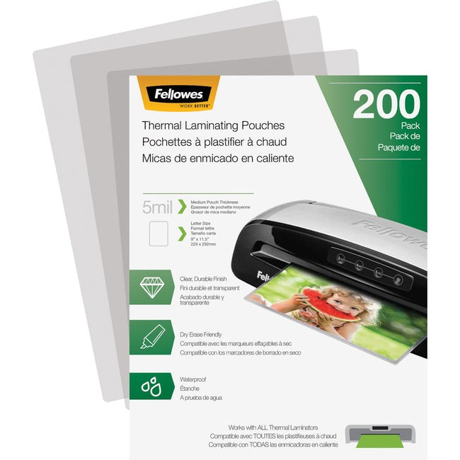 Fellowes Thermal Laminating Pouches - Letter, 5 Mil, 200 Pack