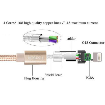Foxsun Am001020 Iphone Charging Cable 6.6 Ft/2M Nylon Braided Lightning Cable For Iphone